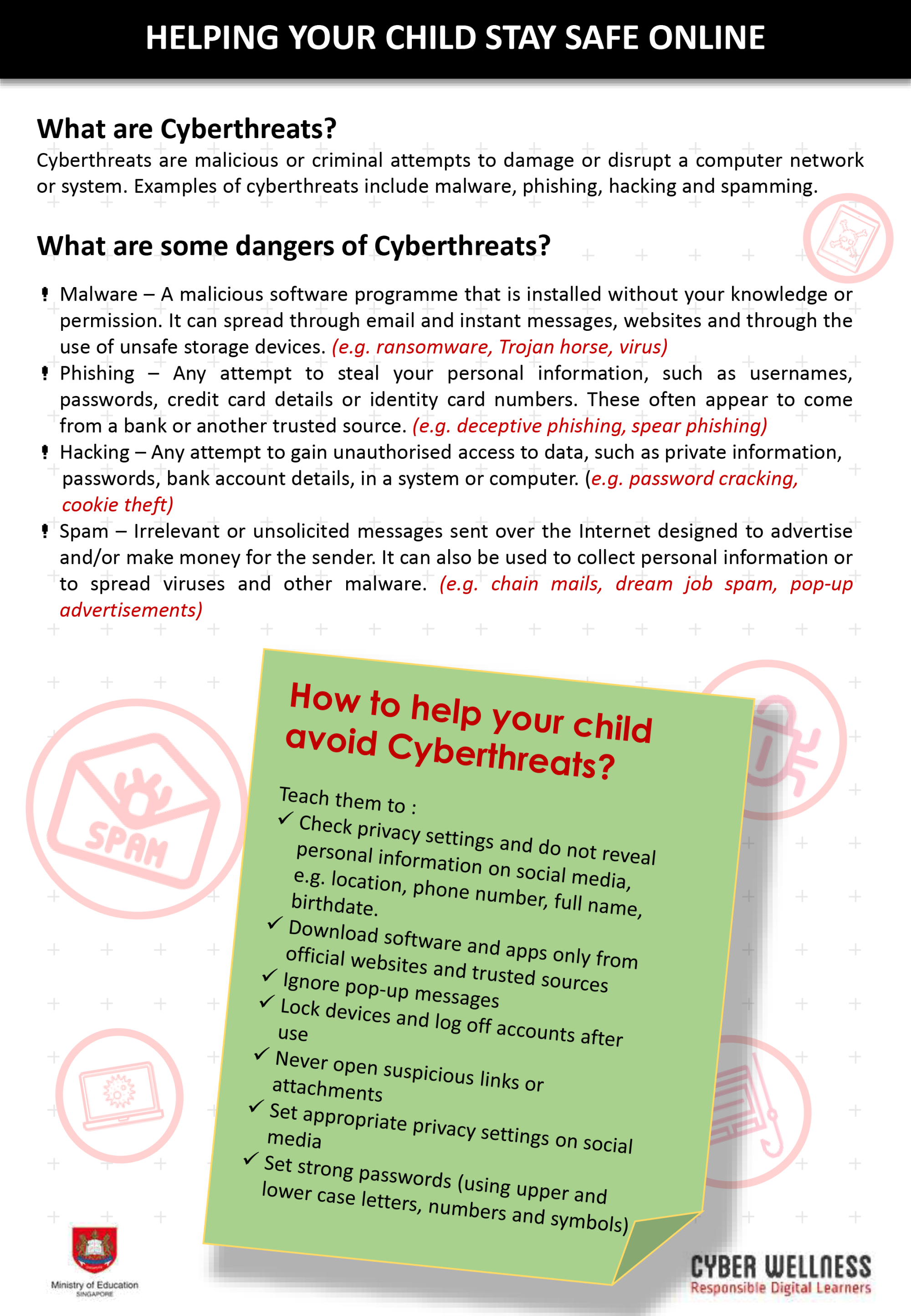 Flyer titled Helping Your Child Stay Safe Online covering cyberthreats and tips to protect children online.